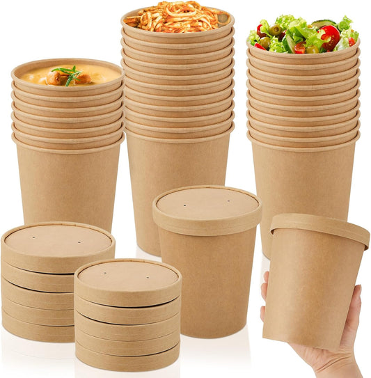 Sabary 50 Pack 16 oz Paper Soup Containers with Lid Disposable Kraft Soup Food Bowl Microwavable Food Storage Ice Cream Containers Nice for Restaurants(Brown)