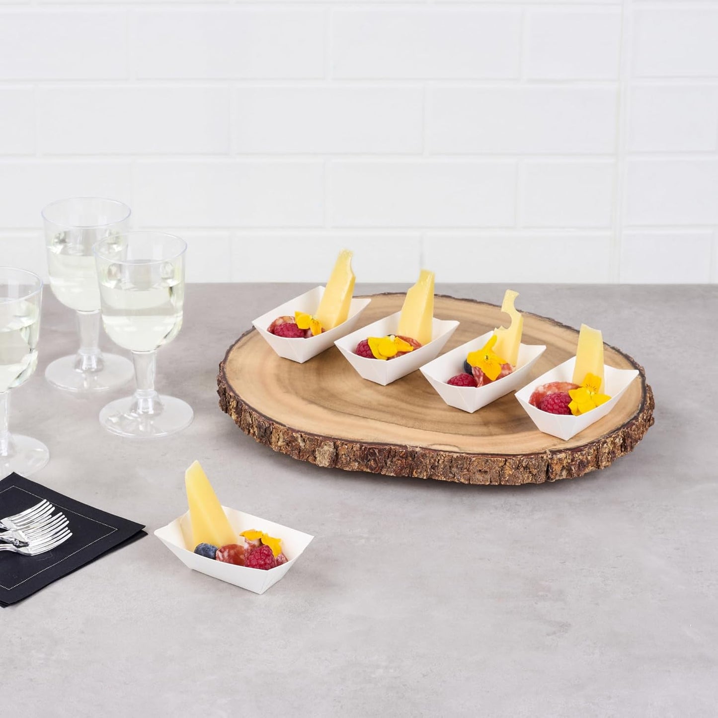 Restaurantware Bio Tek 2 Ounce Food Boats 50 Disposable Paper Food Trays - Heavy-Duty Greaseproof White Paper Boats For Snacks Appetizers Or Treats Use At Parties Or Carnivals