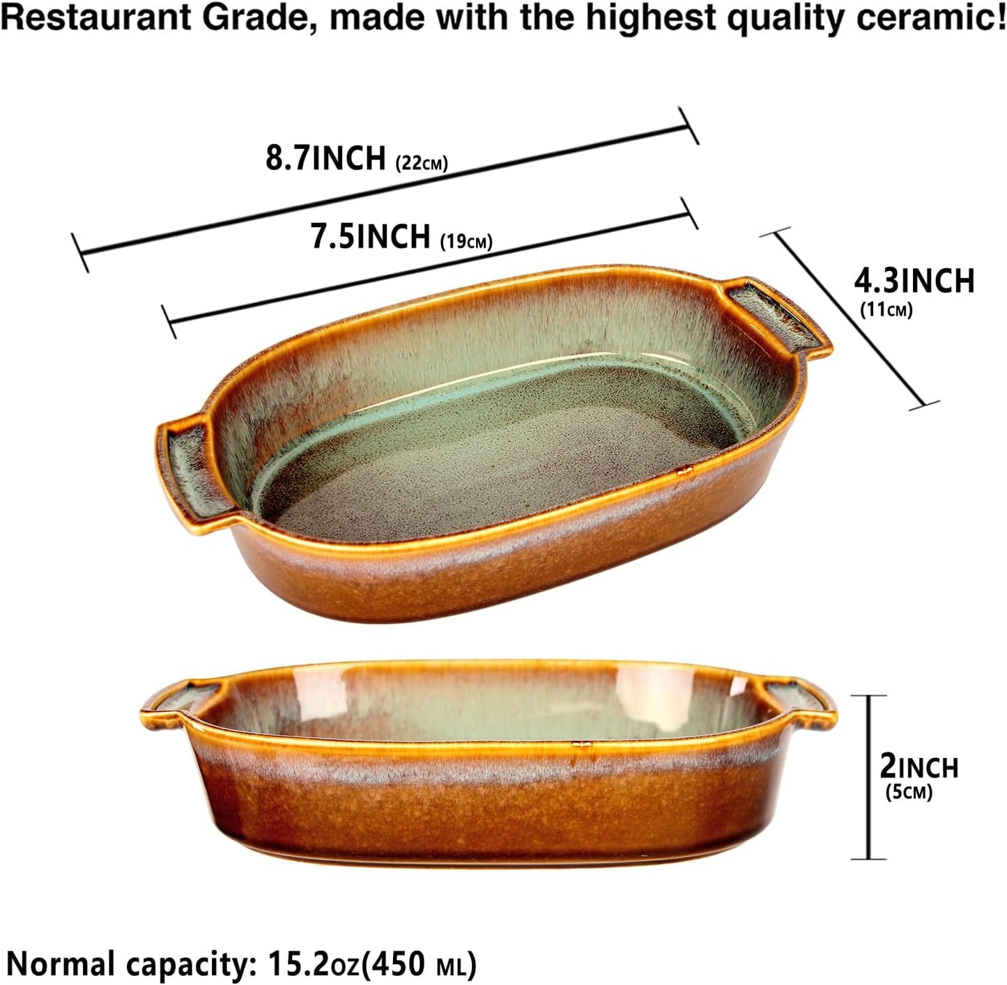 7"x4" Oval Casserole Dish Set of 2, 15.2 oz Ceramic Au gratin Baking Dish, Baking Pan with Handles or for mixing, salad, pasta plate, Best gift for those who love baking, Microwave, Oven safe