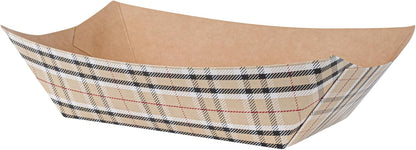 Restaurantware Bio Tek 1 Pound Food Boats 200 Disposable Paper Food Trays - Heavy-Duty Greaseproof Plaid Paper Food Boats For Snacks Appetizers Or Treats Use At Parties Or Carnivals