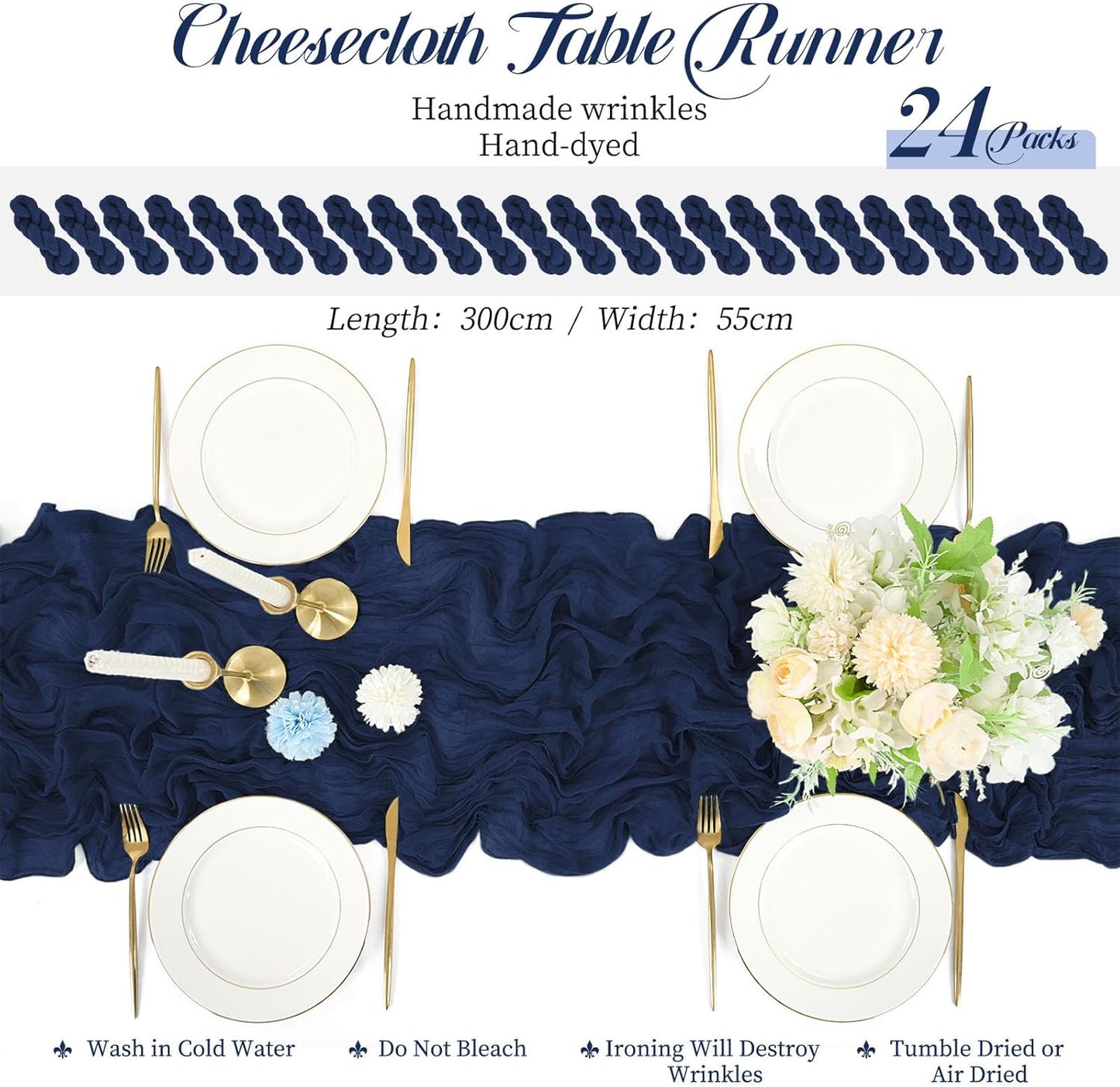 24 Packs Cheesecloth Table Runner Navy Blue,10 Ft Rustic Gauze Boho Wedding Table Runner Decoration, Wedding Table Decor Table Cloth for Wedding Party Bridal Shower Table,21.5x120in