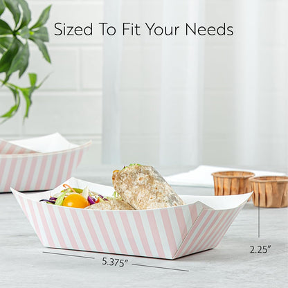 Restaurantware Bio Tek 1 Pound Food Boats 200 Disposable Paper Food Trays - Heavy-Duty Greaseproof Striped Paper Food Boats For Snacks Appetizers Or Treats Use At Parties Or Carnivals
