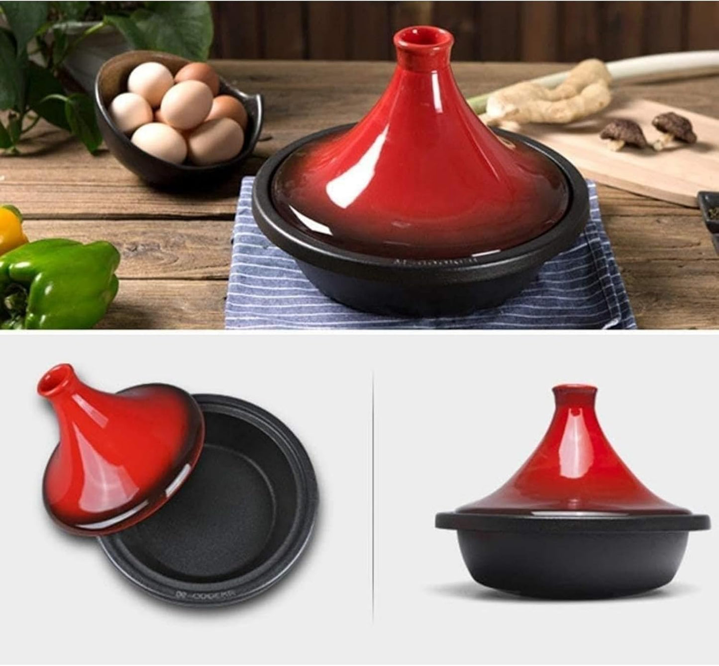 10in Ceramic Tagine Pot with Enameled Cast Iron Base and Cone-Shaped Lid for Braising Slow Cooking Clay Pot Induction Cooker (Red)