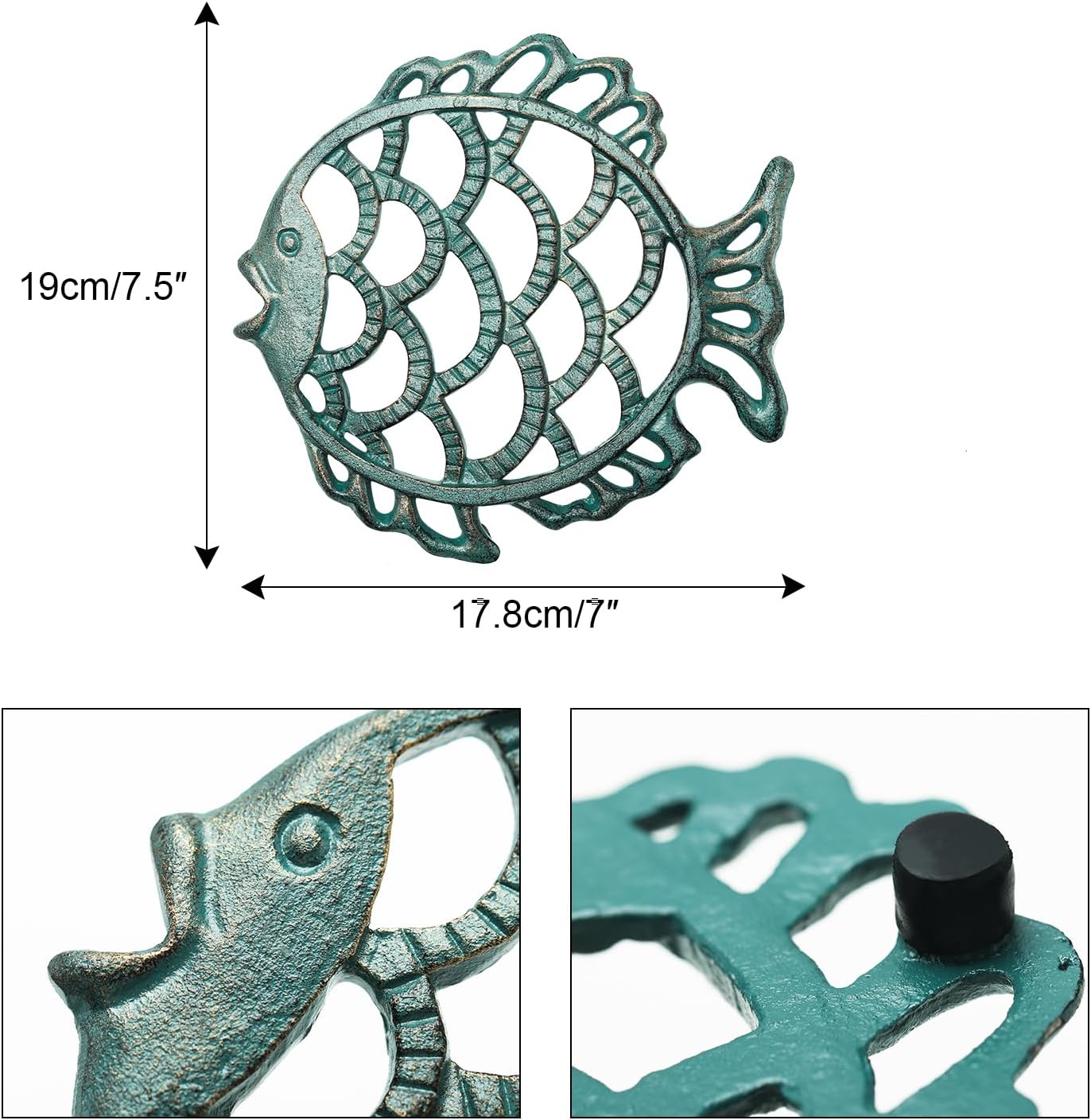 Sungmor Cast Iron Cute Fish Trivet for Wood Stove - Dia-7.5 Inch Dark Green Finish - Rustproof Round Stands for Hot Pots/Dishes/Pans - Decorative Metal Table Trivet for Kitchen Cooking