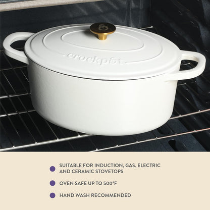 Crock Pot Artisan 7-Quart Oval Dutch Oven With Lid, Enameled Cast Iron, Linen White With Gold Knob, Heavy-Duty Cookware for Baking, Braising, Roasting & Slow Cooking