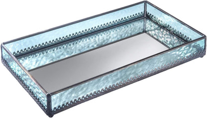 Turquoise Blue Glass Tray Mirrored Bottom Decorative Bathroom Vanity Cosmetic Makeup Organizer Jewelry Display Perfume Holder Dresser Home Décor Candle Tray Gift for Woman J Devlin Tra 126