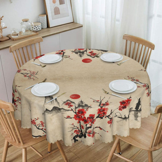 Cherry Blossom Tablecloth, Traditioanal Japanese Landscape Oriental Chinese Floral Vintage Water Resisitant Wipeable Table Cover for Dining Kitchen Living Room Home Party Holiday Decor 36 inch Round