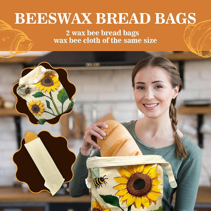 Beeswax Bread Bags for Sourdough 2 Pack 13"x17" Eco-Friendly Reusable Linen Cotton Storage Bags with Zipper Closure for Homemade Bread Fresh-Keeping, Freezer-Safe Sunflower
