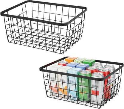 Kitchen Metal Wire Baskets with Handles Food Storage Organizer, Household Refrigerator for Cabinets,Pantry,Bathroom,Black,2 Pack