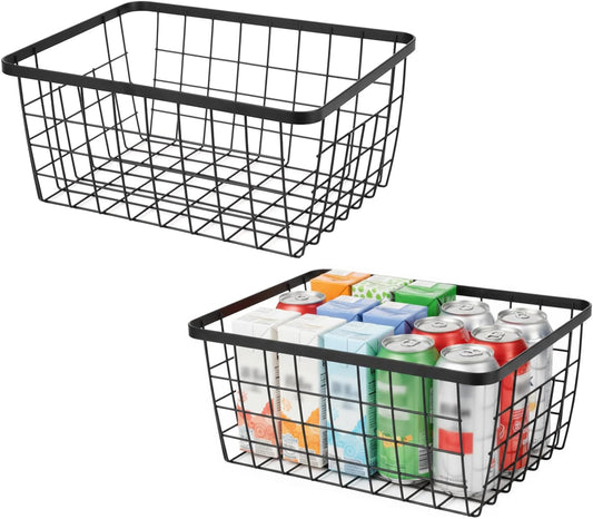 Kitchen Metal Wire Baskets with Handles Food Storage Organizer, Household Refrigerator for Cabinets,Pantry,Bathroom,Black,2 Pack