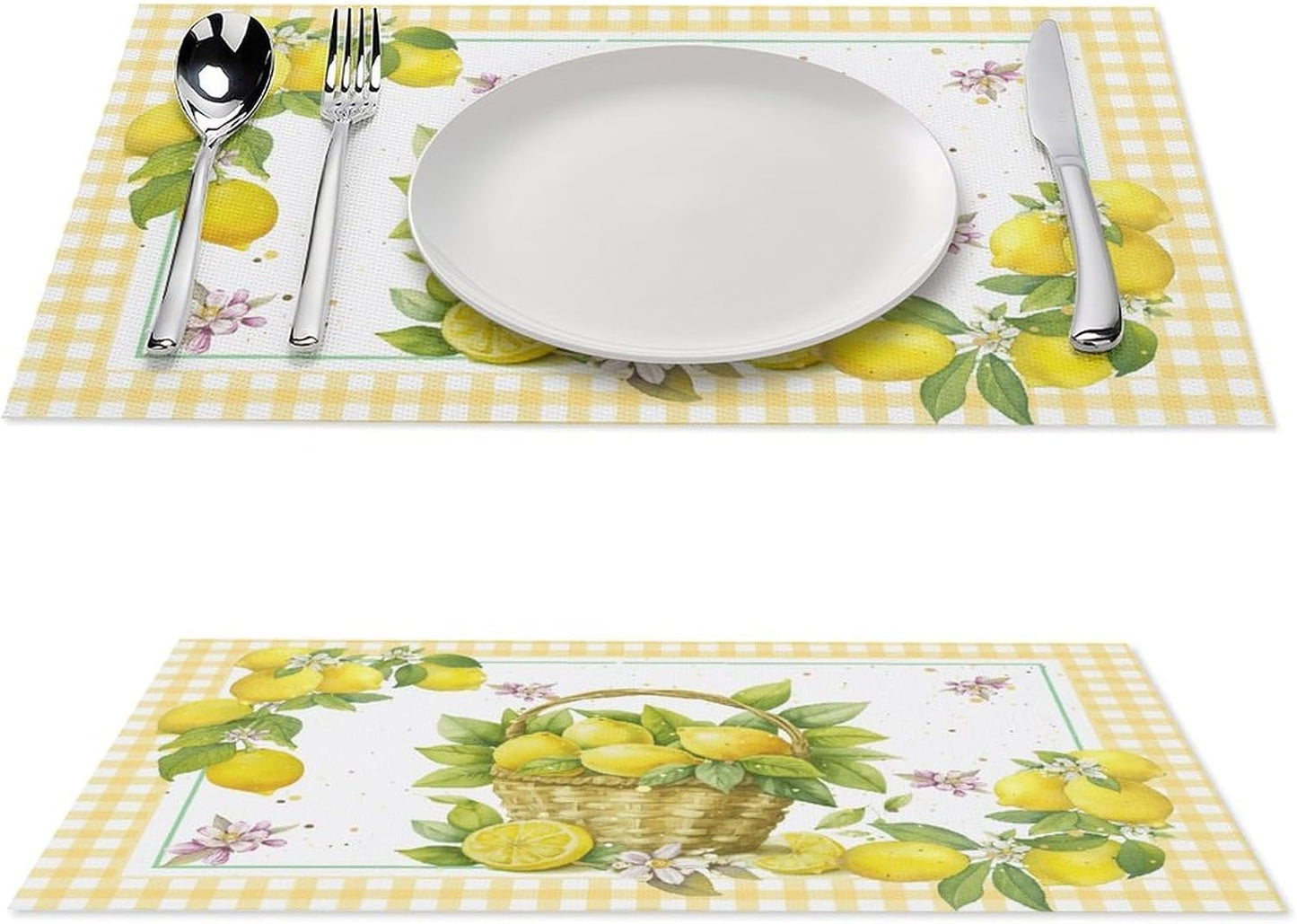 Yellow Lemon Placemats Set of 4, 12x18 Inch Summer Fruits Buffalo Plaid Baskets Floral Farmhouse Seasonal Spring Holiday Coffee Table Mats for Party Kitchen Dining Decoration