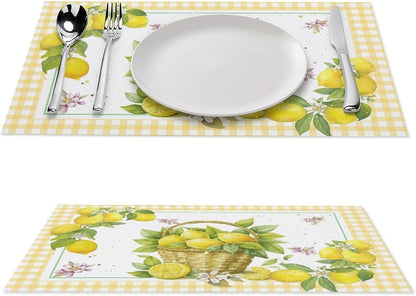 Yellow Lemon Placemats Set of 4, 12x18 Inch Summer Fruits Buffalo Plaid Baskets Floral Farmhouse Seasonal Spring Holiday Coffee Table Mats for Party Kitchen Dining Decoration
