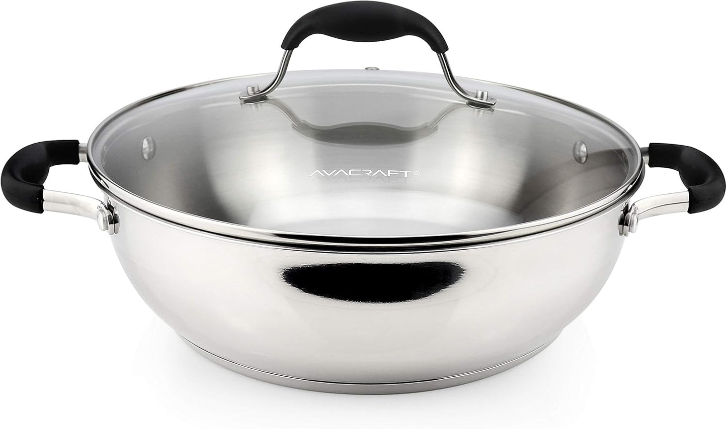 AVACRAFT 18/10 Stainless Steel Everyday Pan, Stir Fry, Five-Ply Base, Glass Lid, Multipurpose Stewpot Skillet, Saute, Casserole (11" Top Diameter, 8" Base Diameter)