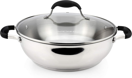 AVACRAFT 18/10 Stainless Steel Everyday Pan, Stir Fry, Five-Ply Base, Glass Lid, Multipurpose Stewpot Skillet, Saute, Casserole (11" Top Diameter, 8" Base Diameter)