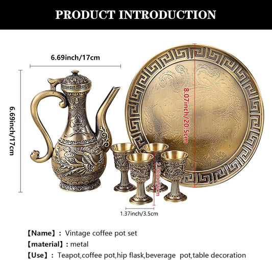 Vintage Turkish Coffee Pot and Cups Set,Teapot Tea Service Set Including 4 Metal Cups and Tea Tray for Tea Table Decor,Wedding Ornament (Bronze)