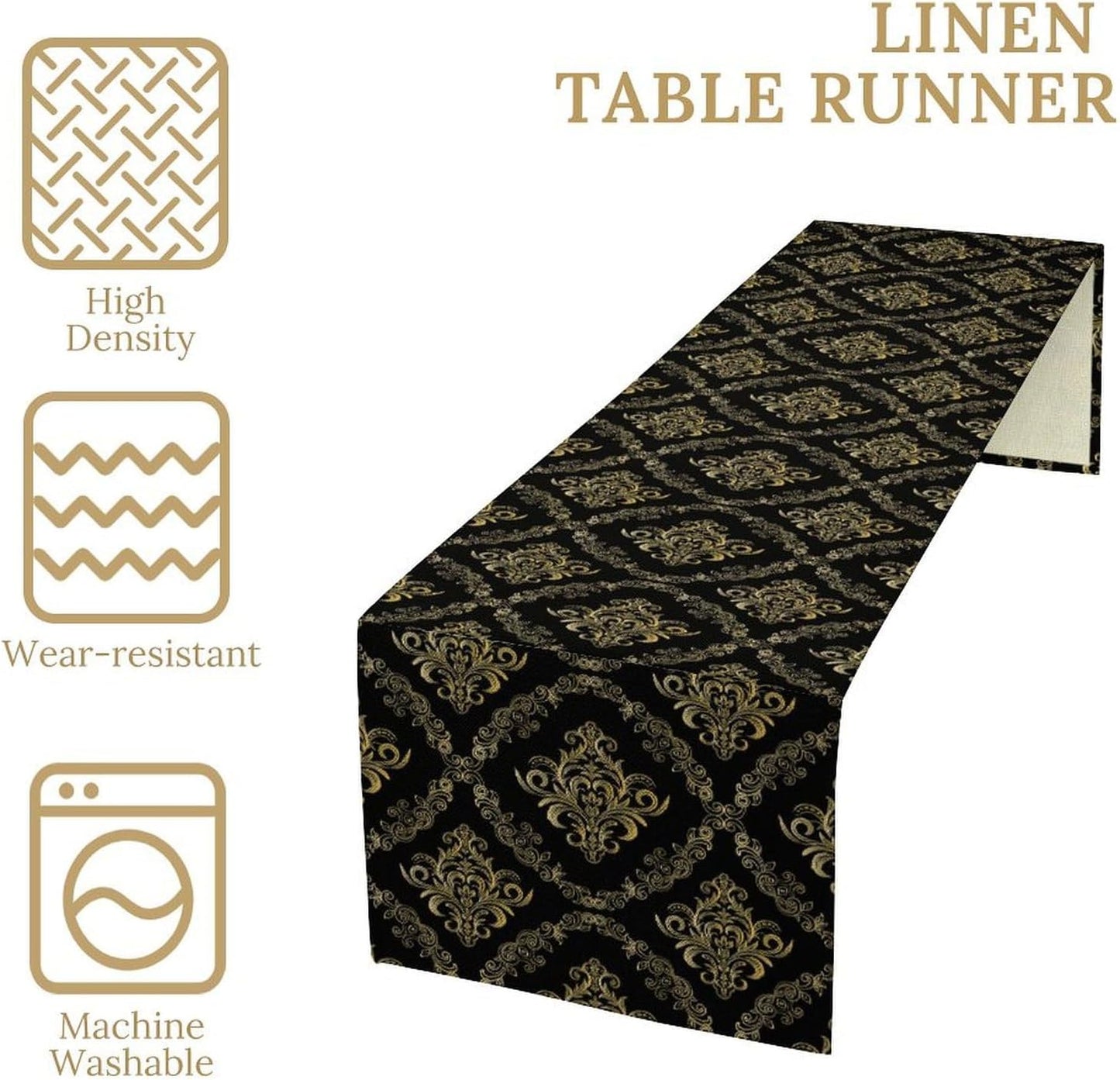 Abstract Table Runner, Traditional Ethnic Patterns Golden Floral Black Cool Vintage Table Runner for Kitchen Living Room Party Home 13x60 Inch