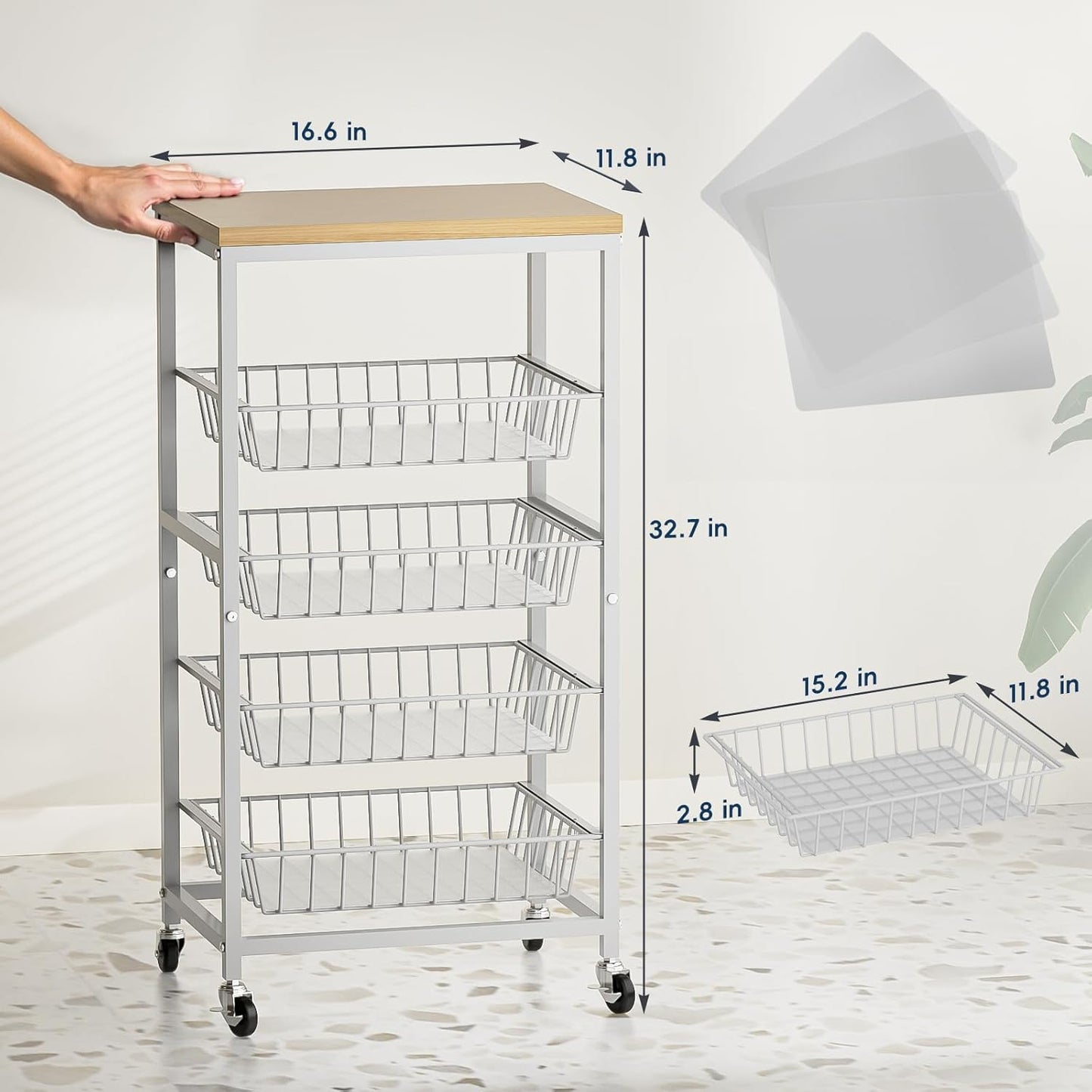 Snack Cart, 5-Tier Kitchen Carts on Wheels with Storage,Fruit Basket Stand with Pull-Out Baskets and Wood Top,Kitchen Organizer for Fruit Vegetable Snack (Oak Beige)