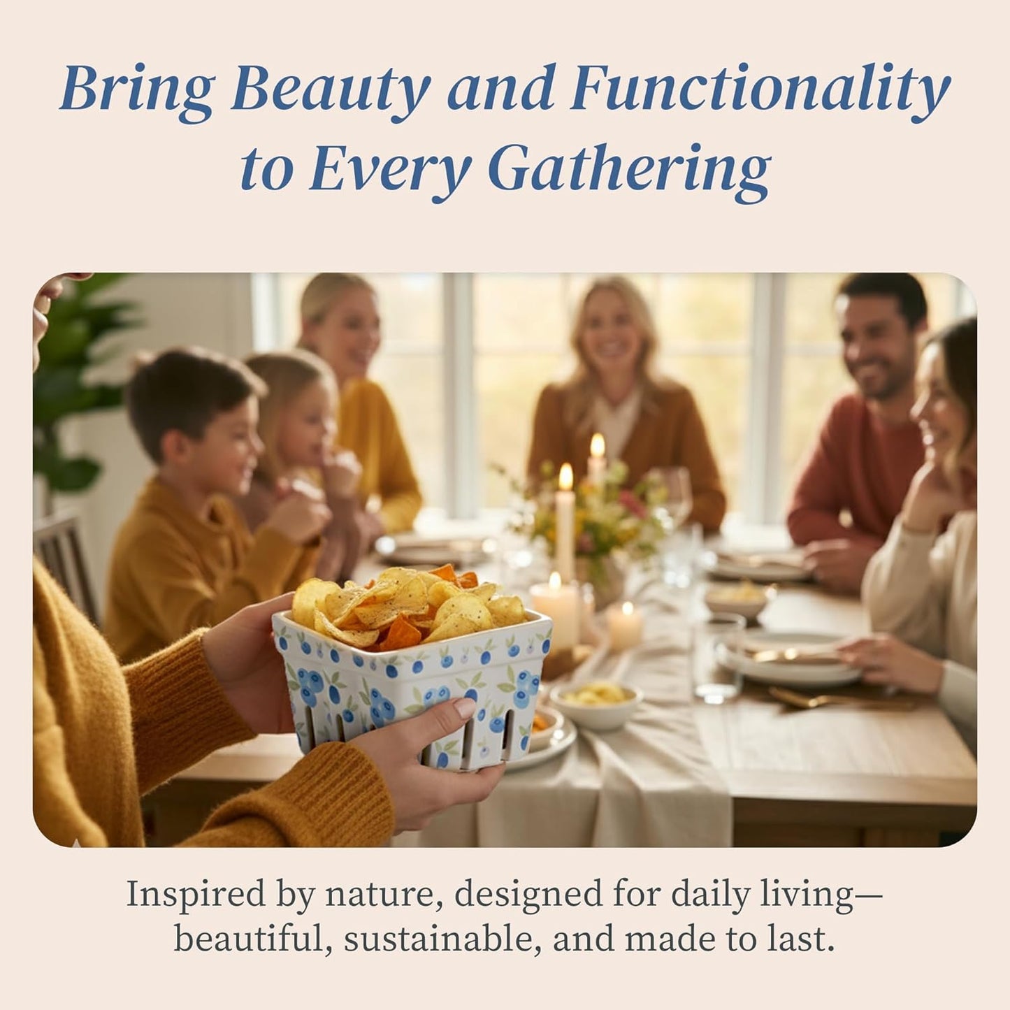 Ceramic Berry Basket, Farmhouse Colander, Farmers Market square Bowl. Rustic Kitchen decor fruit bowls, Fruit Baskets, Bleu White and Blueberry pattern Stoneware Harvest Bowls Set of 4