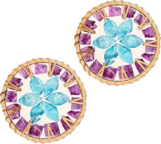 uxcell 2Pcs Handmade Woven Rattan Coasters, Heat-Resistant Drink Coasters for Coffee Table Dining Room Kitchen Coffee Wine Decor, Blue Petal