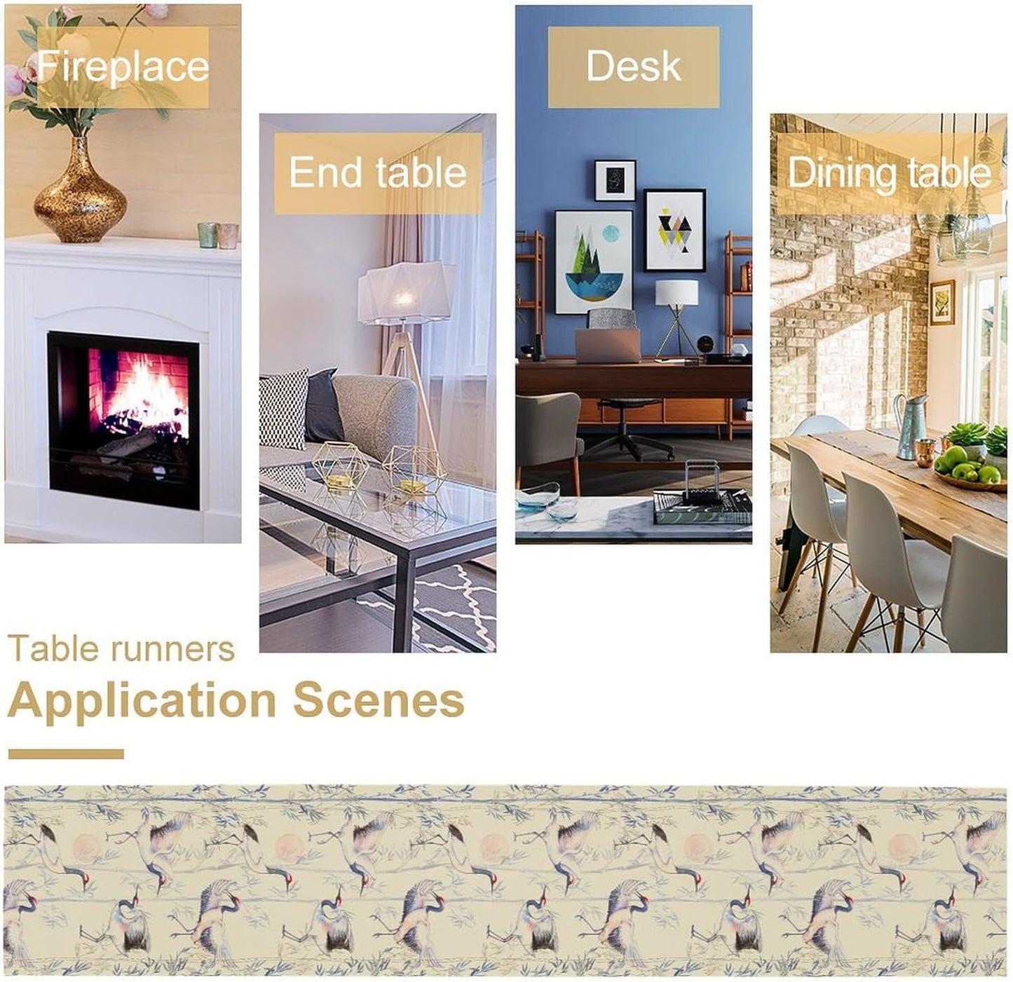 Japan Chinese Red-Crowned Crane Table Runner, Bamboo Ink Painting Animals Traditional Art Culture Table Runner for Holiday Home Living Room New Year Japanese Party Oriental, 13x70 Inch