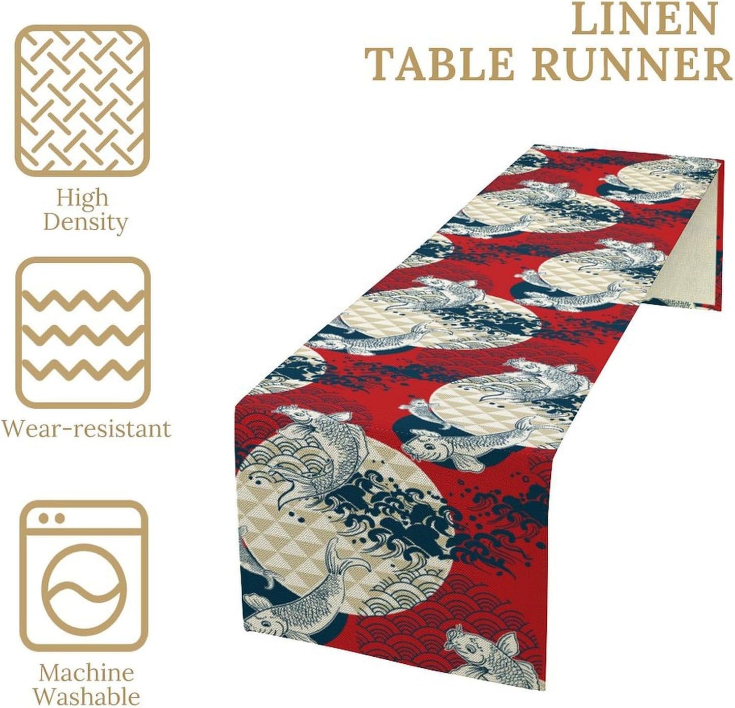 Japanese Kio Fish Table Runner, Line Art Colorful Janan Style Oriental Table Runner for Kitchen Study Living Room Home Bedroom, Red and Blue, 13x108 Inch