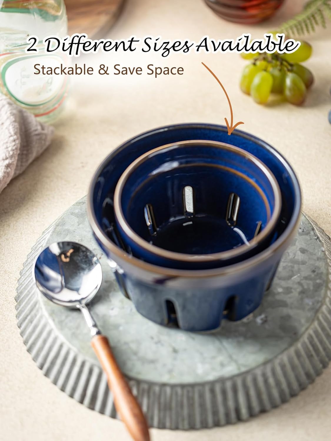 Gomakren Fruit Bowl with Holes, Ceramic Berry Basket Set of 2, 5.8 Inch Round Fruit Storage Containers, Strawberry Baskets, Farmhouse Kitchen Decor - Cobalt Blue