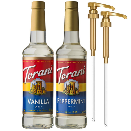 Torani Syrups, Peppermint and Vanilla Syrup Variety 2-Pack, Coffee Syrups for Drinks, Pumps Included, 25.4 Fl Oz Ea