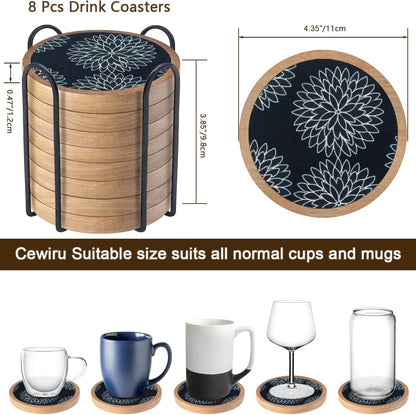 Wood Coasters Set of 8 with Holder, Cewiru Cup Mat for Drinks, Absorbent Coasters with Felt Insert for Coffee Table Protection, Modern Style Home Dining Table Decor, 4.3" Black