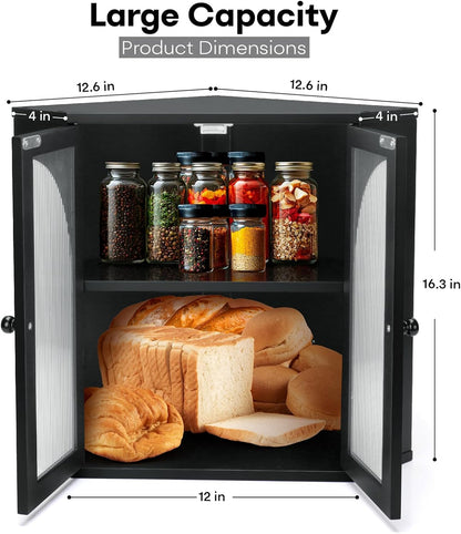Corner Bread Box for Kitchen Countertop, Double Layer Bamboo Bread Storage Container for Homemade Bread, Large Capacity Bread Holder with 3 Adjustable Height for Counter, Breadbox Organizer