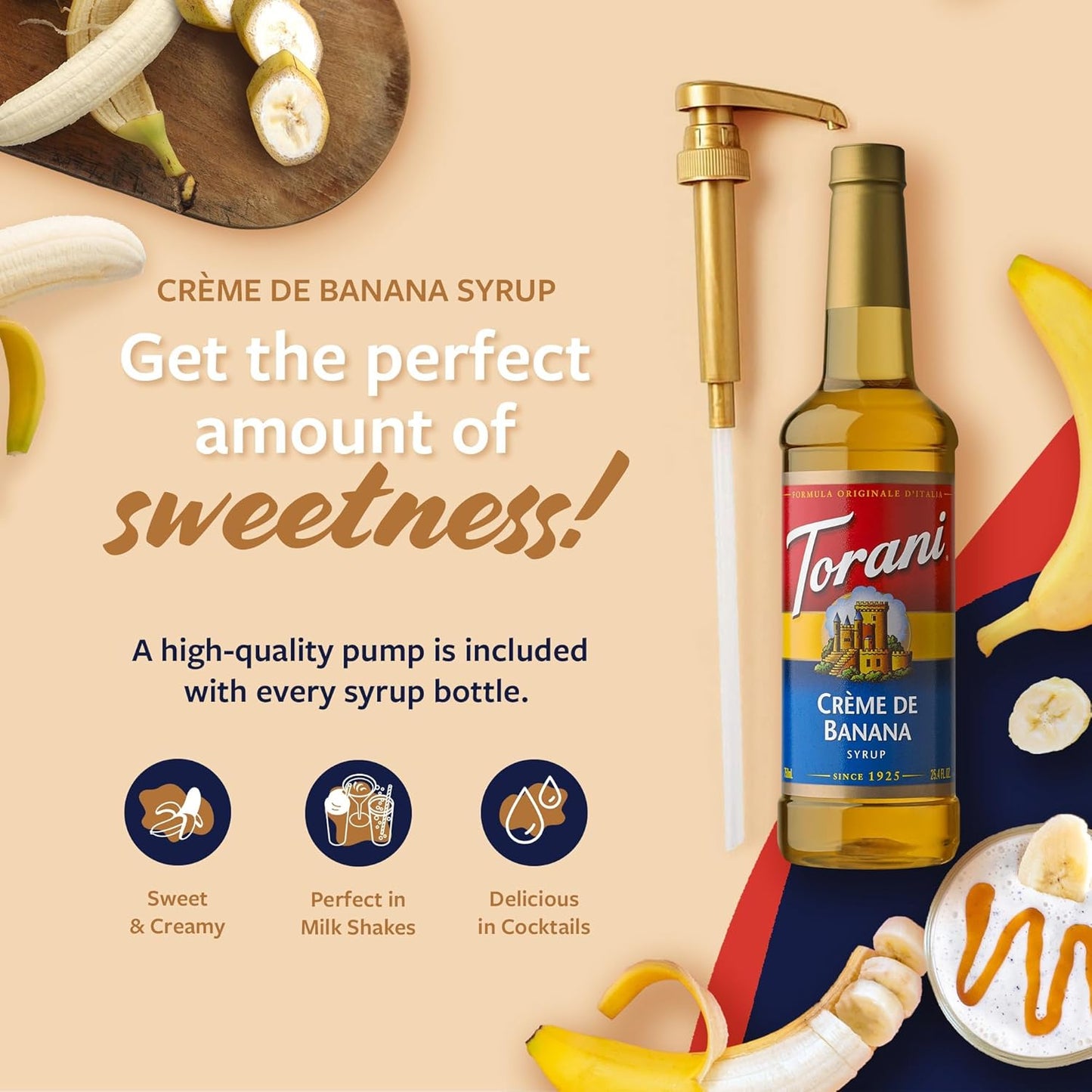 Torani Crème de Banana Syrup for Drinks & Desserts, Pump Included, 25.4 Fl Oz