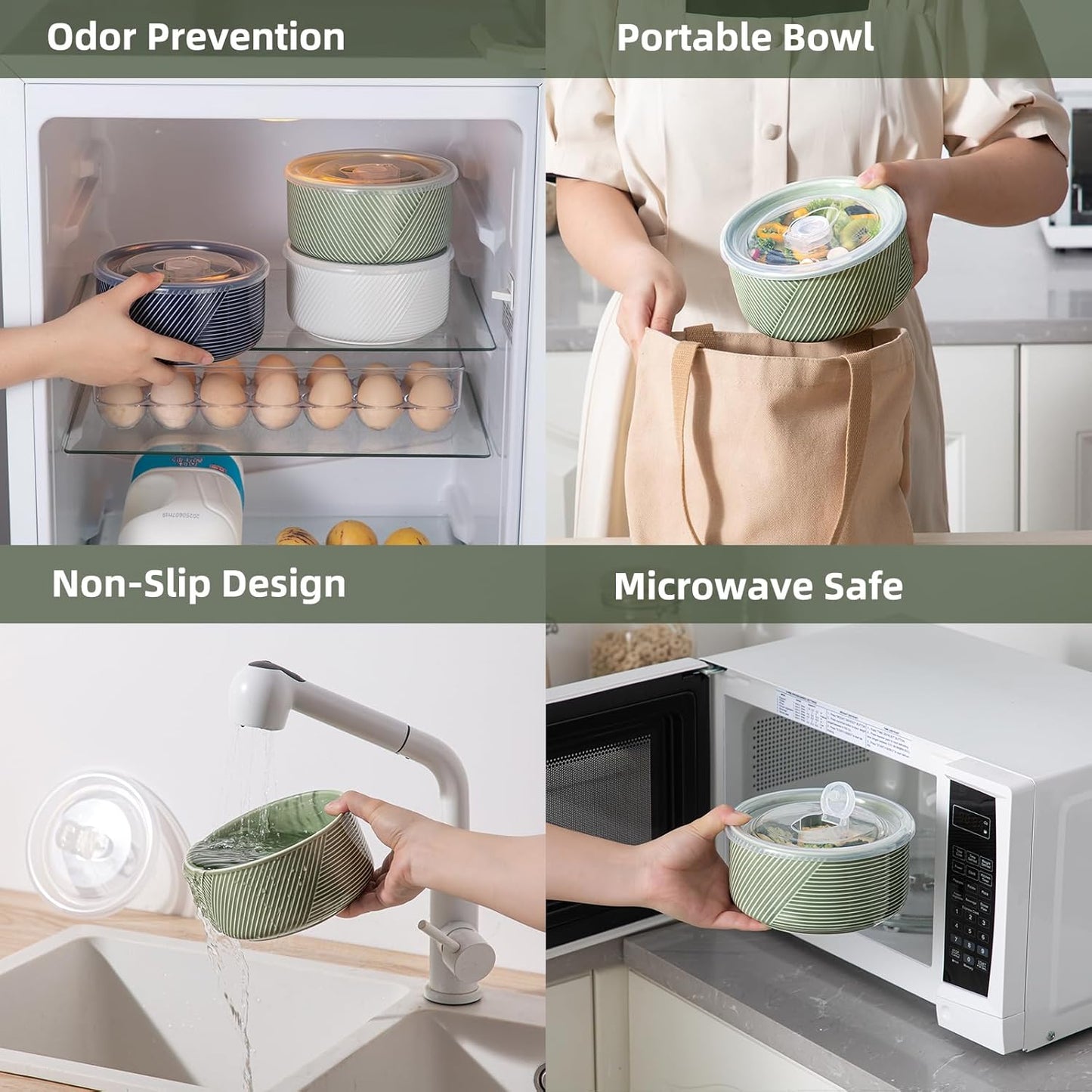 Large Ceramic Bowls with Lids: 32 oz Microwave Safe Food Storage Containers for Soup Salad Meal Prep Lunch Picnic Camping - 6 Inch, Set of 4 (Pea Green)