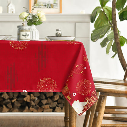 Horaldaily Newyear Tablecloth 60×140 Inch Rectangular, Chinese Lunar New Year Lion Dance Lantern Red Washable Table Cover for Party Picnic Dinner Decor