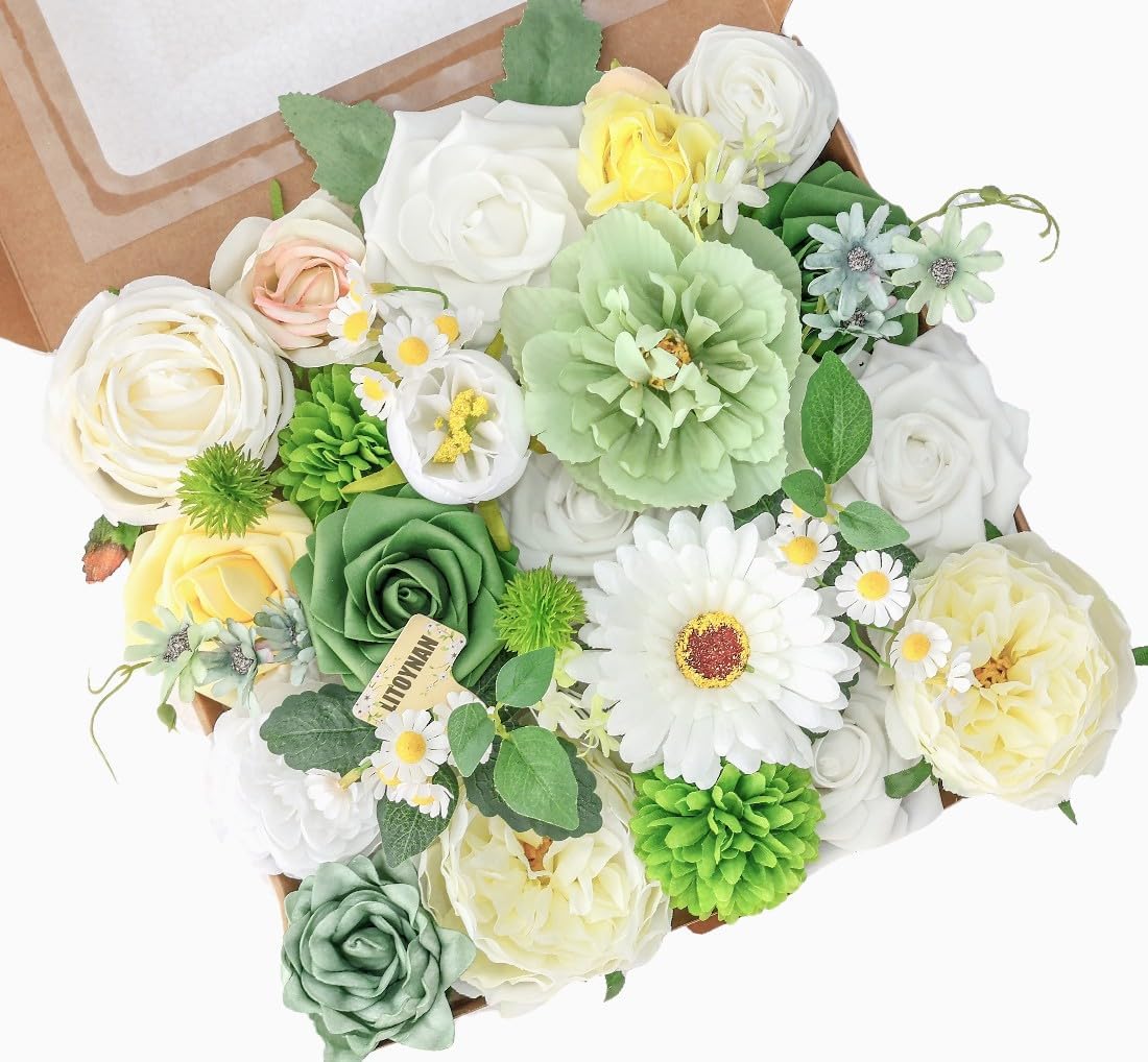 Artificial Flowers, White Green Fake Silk Flower, Silk Flowers with Stems, Wedding Cake Flowers for DIY Wedding Bridal Bouquets Centerpieces Decor