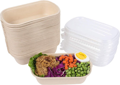 23 oz Disposable salad bowls with lids, Sugarcane Fiber Paper Bowls take away food containers meal prep food storage deli container 50 Pack