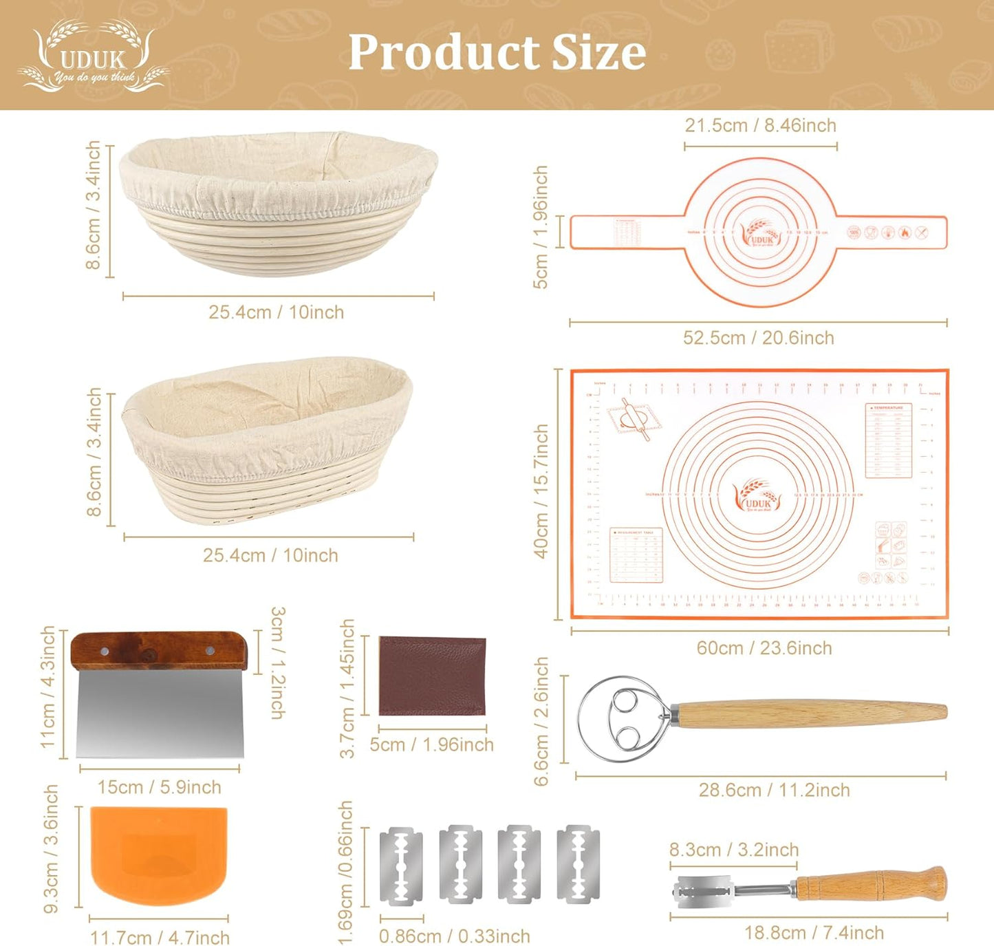 Banneton Bread Proofing Basket,Sourdough Proofing Basket Set of 2, 10 inch Round and 9.6 Oval with Bread Making Tools, Sourdough Bread Baking Supplies, Natural Rattan Proofing Bowls Baskets