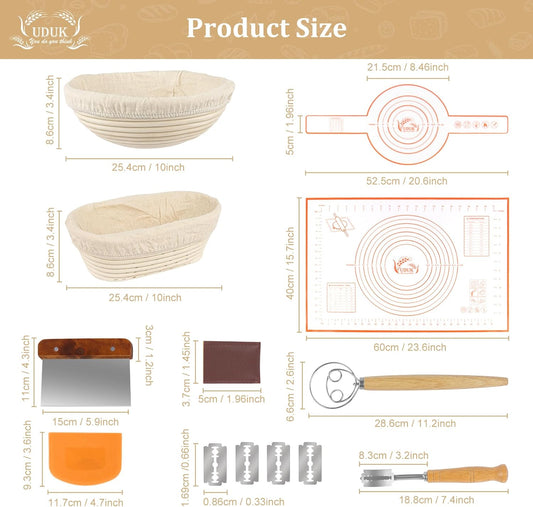 Banneton Bread Proofing Basket,Sourdough Proofing Basket Set of 2, 10 inch Round and 9.6 Oval with Bread Making Tools, Sourdough Bread Baking Supplies, Natural Rattan Proofing Bowls Baskets