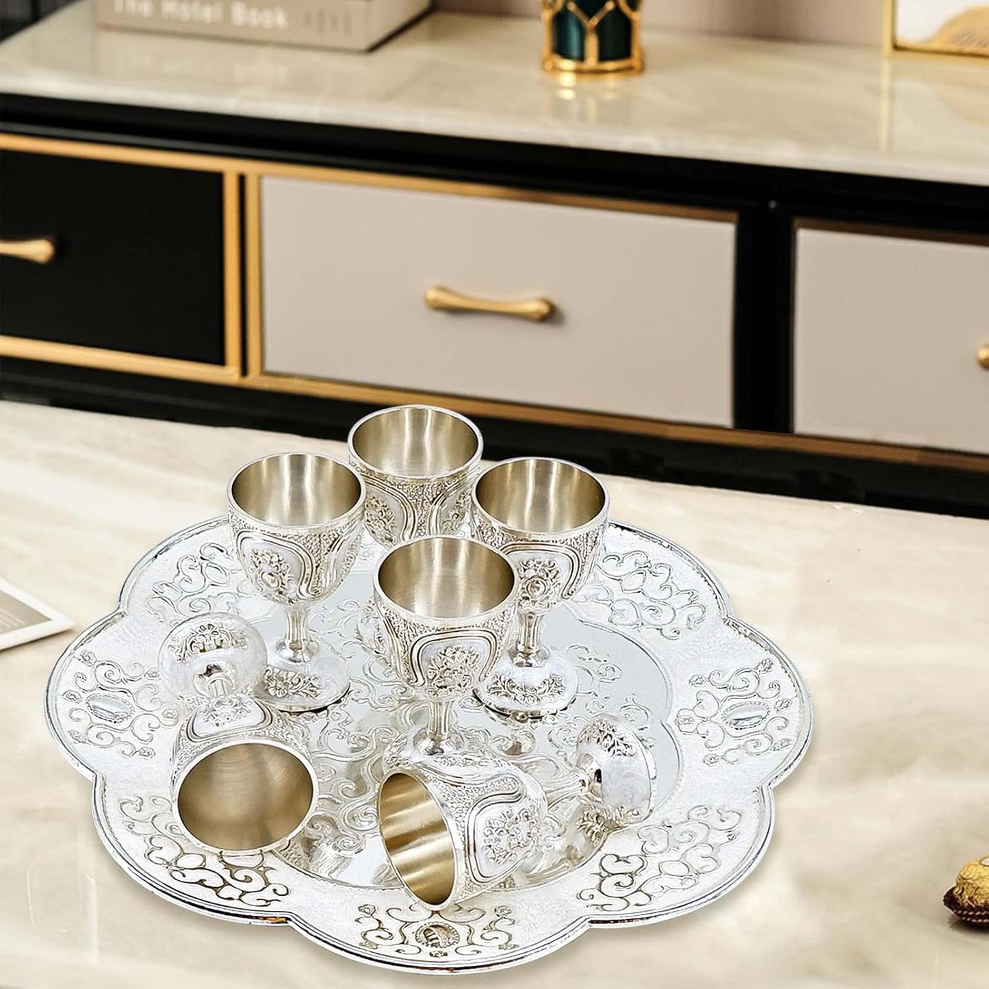 Vintage Turkish Coffee Pot and Cups Set,Tea Service Set Including Teapot,Tea Tray and Metal Cups for Wine Cabinet Decor,Wedding Ornaments (Silver and White)