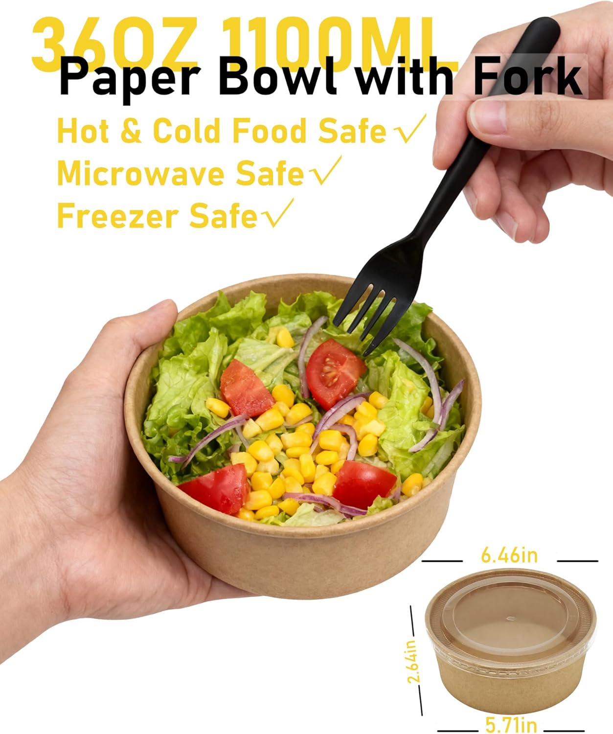 50Pack Disposable Kraft Paper Bowls with Lids & Forks 36oz (1100ml) Round Food Containers Heavy Duty Serving Bowls for Hot/Cold Food Soups Salads Take Out Containers for Household & Restaurant & Party