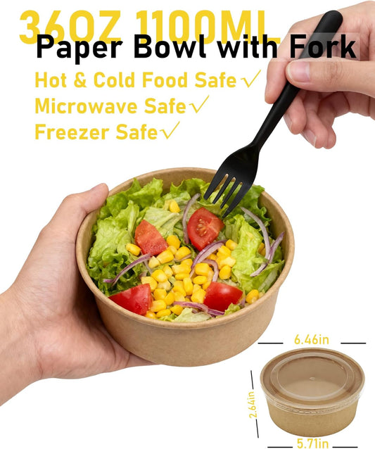 50Pack Disposable Kraft Paper Bowls with Lids & Forks 36oz (1100ml) Round Food Containers Heavy Duty Serving Bowls for Hot/Cold Food Soups Salads Take Out Containers for Household & Restaurant & Party