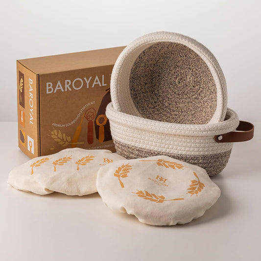 Crispier Crust Cotton Rope Banneton Bread Proofing Basket Set, Oval & Round Bread Baskets with Liners & Covers for Artisan Bread Baking, Sourdough Bread Baking Supplies(White-Mixed Brown)