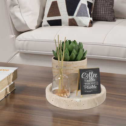 Travertine Tray, Small Ceramic Vanity Tray for Bathroom Counter Decor, Round Marble Decorative Trays for Coffee Table (Beige, Small Size)