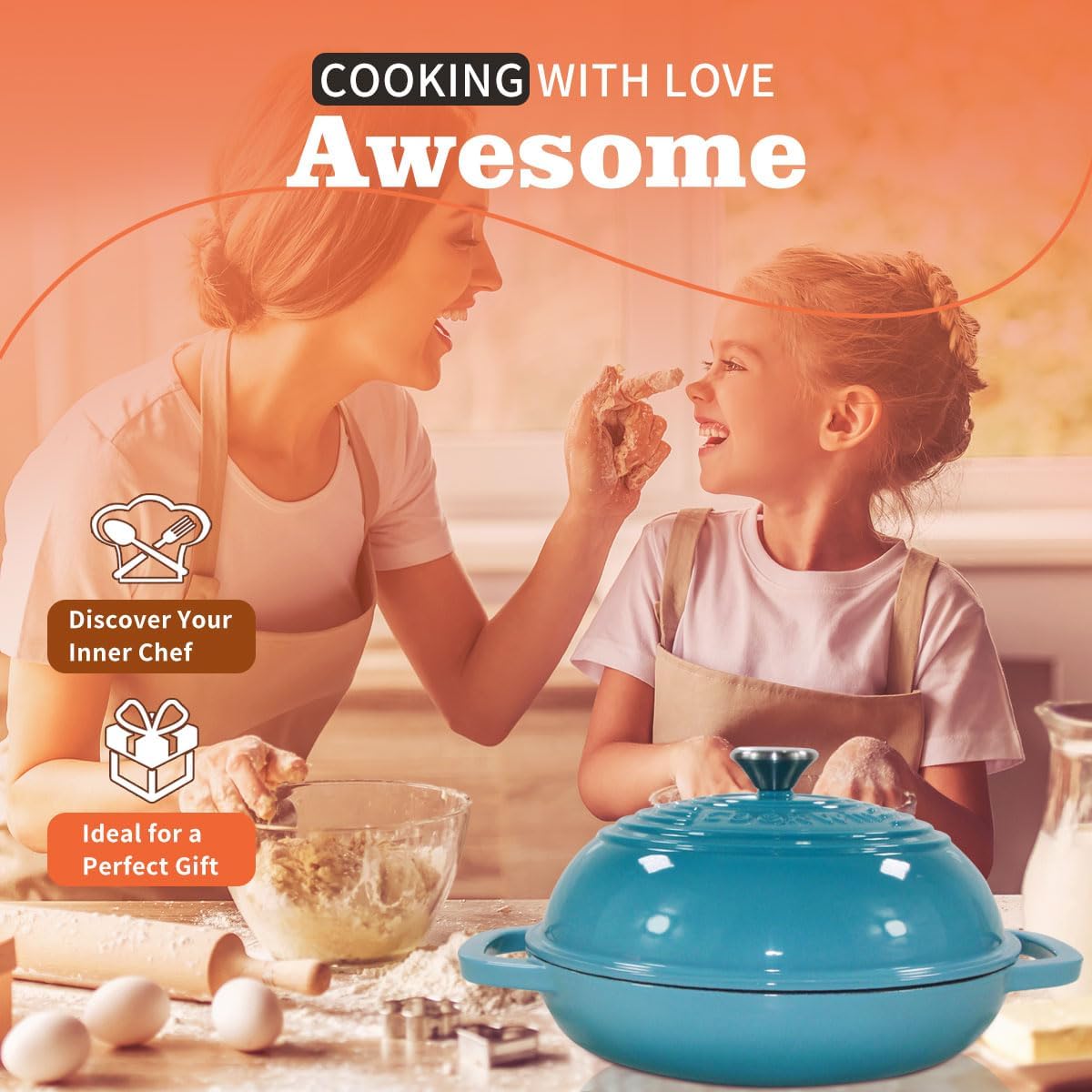 Enameled Cast Iron Dutch Oven with Lid,11" Bread Pan Baking Kit,6 Quart Enamel Bread Pan,Dutch Oven for Sourdough Baking-with Silicone Mat,Teal Thick Enamel Oven Pan-Gifts for Family