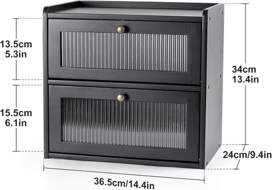 Sunhoo Bread Box for Kitchen Countertop Wooden Bread Storage Container Bin 2 Layer Breadbox Holder Large Capacity Keeper Vintage Farmhouse Food Organizer Pantry Shelf Acrylic Window（Black）