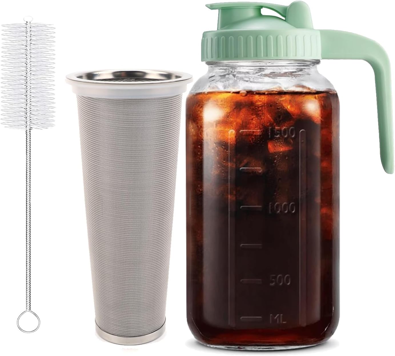 Fermus Cold Brew Coffee Maker, 64oz / 2Quart Glass Pitcher with Stainless Steel Filter and Pour Spout Handle Lid, Mason Jar for Making Cold Coffee, Fruit Drinks, Sun Tea (1, 64 Ounces)