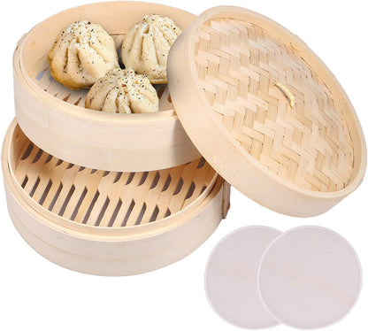 10 Inch Bamboo Steamer Basket, 2 Layers Handmade Bamboo Dumpling Steamer, Lightweight Food Steamers Baskets Eco-Friendly for Steaming Dumplings Vegetables Fish Rice Bao Bun, Dim Sum