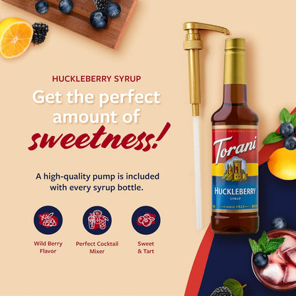 Torani Huckleberry Syrup for Drinks, Flavoring for Iced Tea, Lemonade, Sodas, and Cocktails, Pump Included, 25.4 Oz