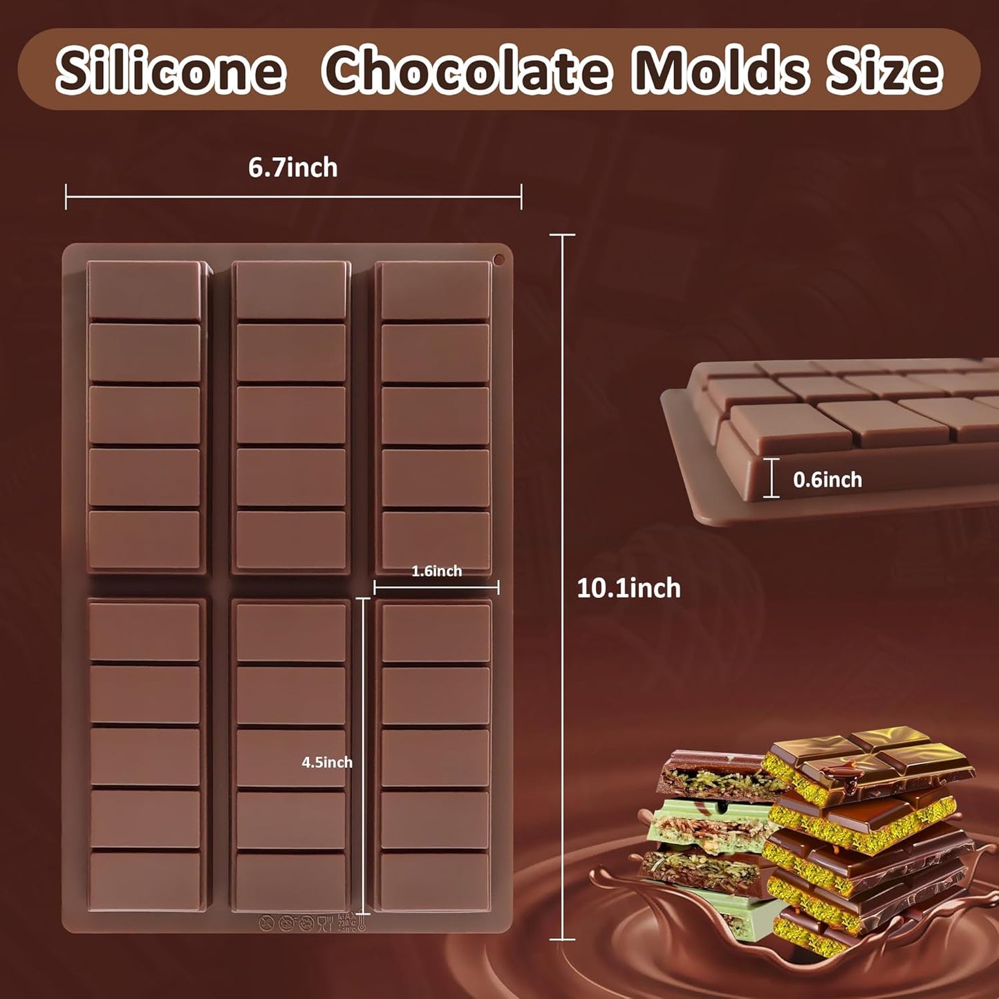 2 Pack Deep Silicone Chocolate Bar Molds - Non-Stick Candy Bar mold, Reusable Chocolate Molds for Dubai Pistachio Chocolate, Protein & Energy Bars, DIY Gifts and Homemade Snacks, Wax Melts