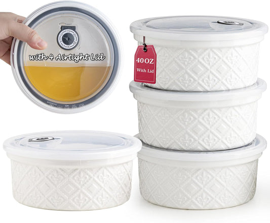40oz Large Ceramic Mixing Bowls with Lids Set of 4, Ramekin Bowls Oven Safe, Serving Bowls with Lids, Meal Prep Containers, Airtight Food Storage Containers Set for Housewarming, White