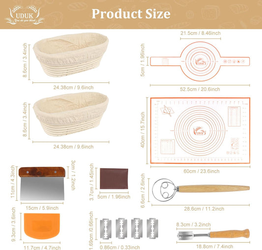 Sourdough Starter Kit - Bread Proofing Basket Set with 9.6" Oval Banneton Baskets x2, Silicone Bread Sling Baking Mat, Whisk Cutter Scraper Lame - Ideal Sourdough Bread Baking Supplies
