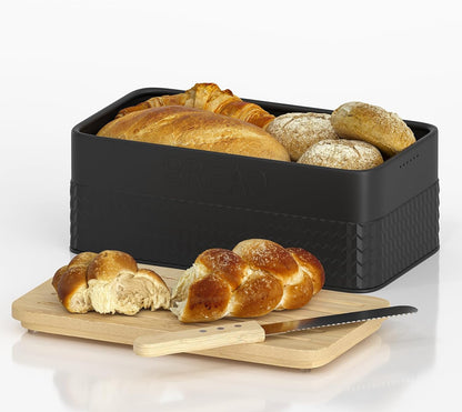 Bread Box for Kitchen Countertop - Metal Bread Storage with Bamboo Cutting Board Lid & Bread Knife, Corner Bread Container for Homemade Bread and Toast, Black